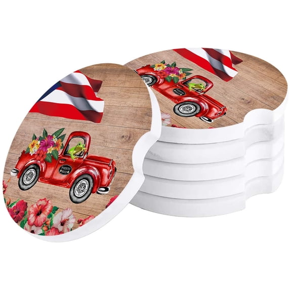 FMSHPON Puerto Rico Flag Truck with Frog and Flower Retro Wood Grain Set of 4 Car Coaster for Drinks, Absorbent Ceramic Stone Coasters Cup Mat with Cork Base for Coffee Table Bar Decor