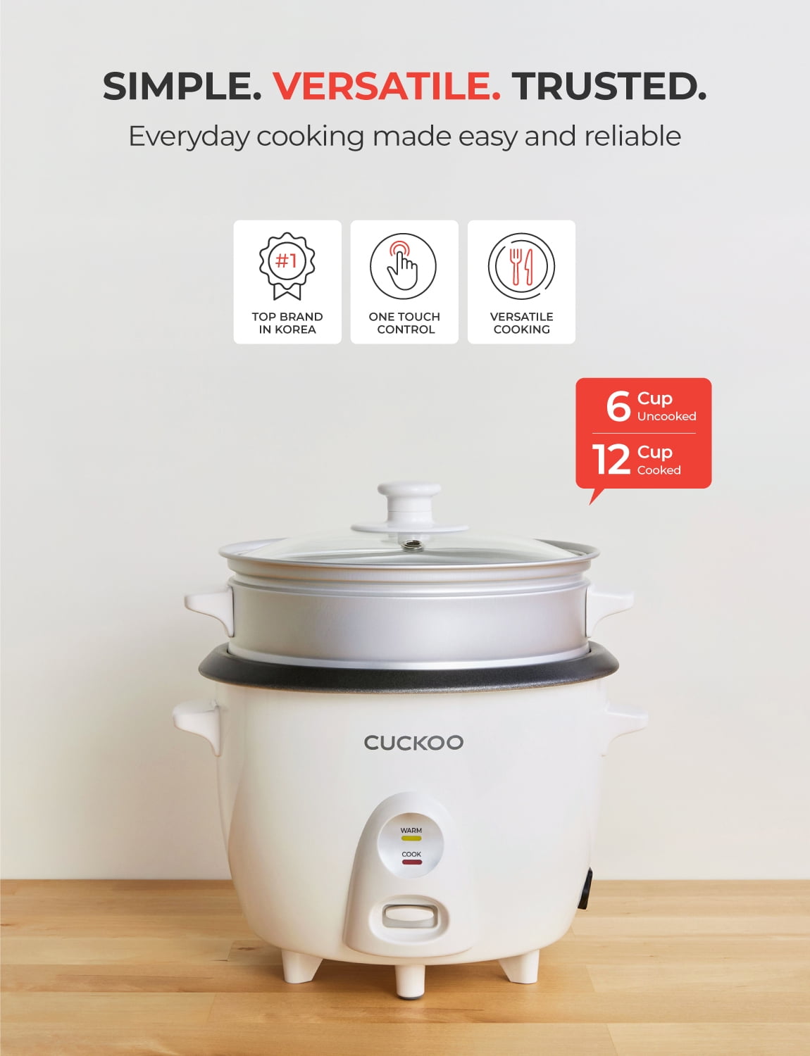 CUCKOO One Touch Rice Cooker 6-Cup (Uncooked) / 12-Cup (Cooked), Small Rice Cooker & Warmer with Steamer Tray, Versatile Grain Cooker, Soup Maker, Auto Keep Warm, White (CR-0601C)