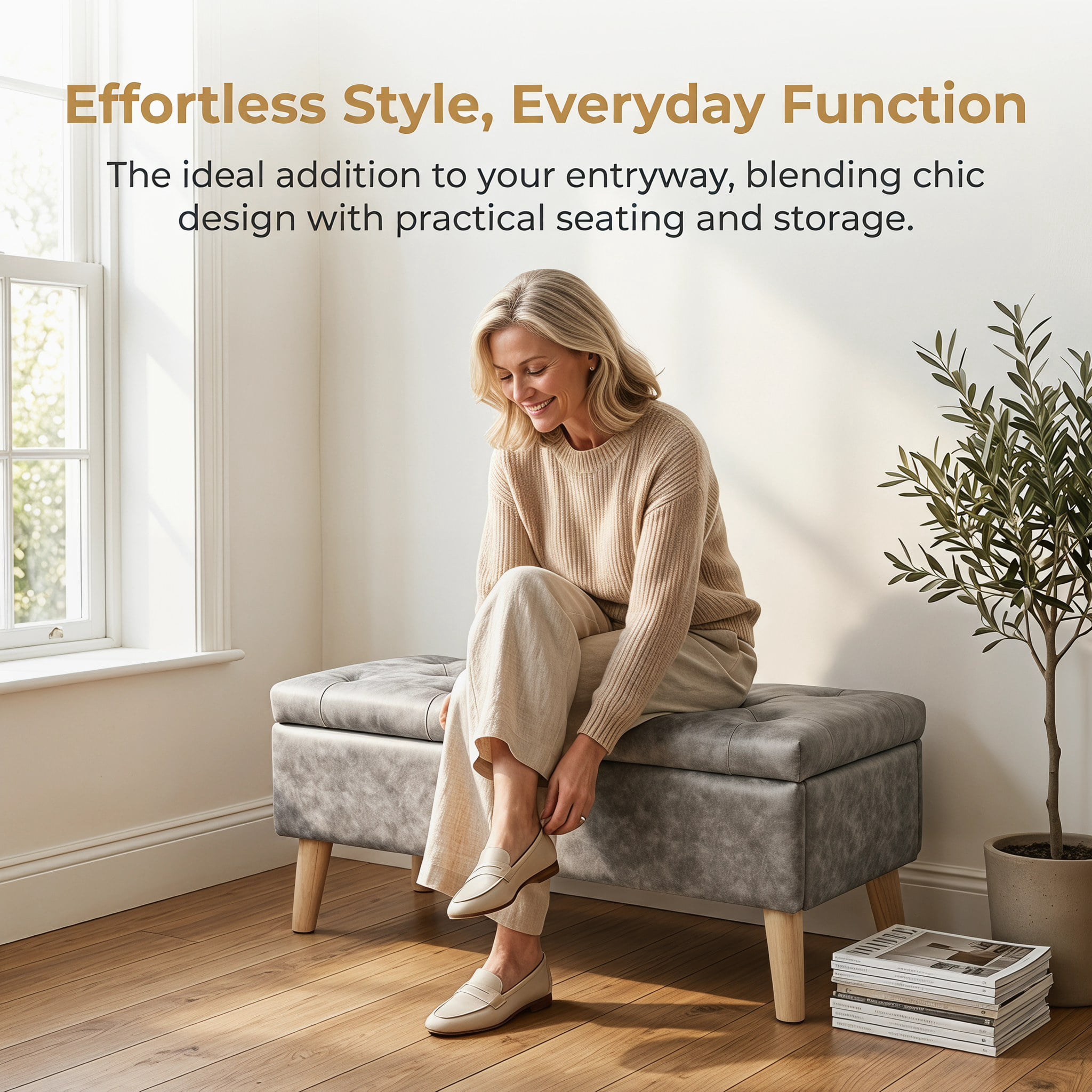 32" Wide Storage Ottoman Bench with Built-in Tray, Square Storage Ottoman for Extra Storage, Upholstered Footrest and End of Bed Bench, Perfect for Living Room, Bedroom, Sitting, Relaxing