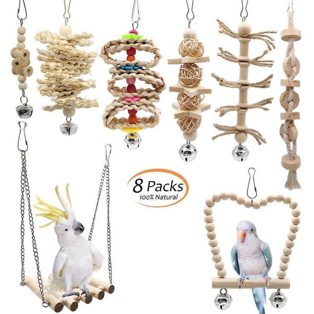 Juego de 8 hamacas de madera para masticar, juguetes para pájaros, loros, periquitos, cacatúas, canarios