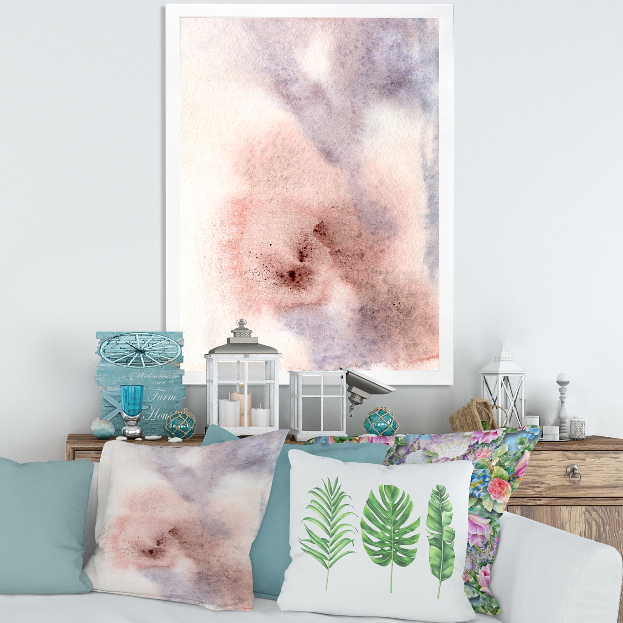 Designart 'Pastel Abstract With Pink Blue Beige and Red Spots' Modern Framed Art Print