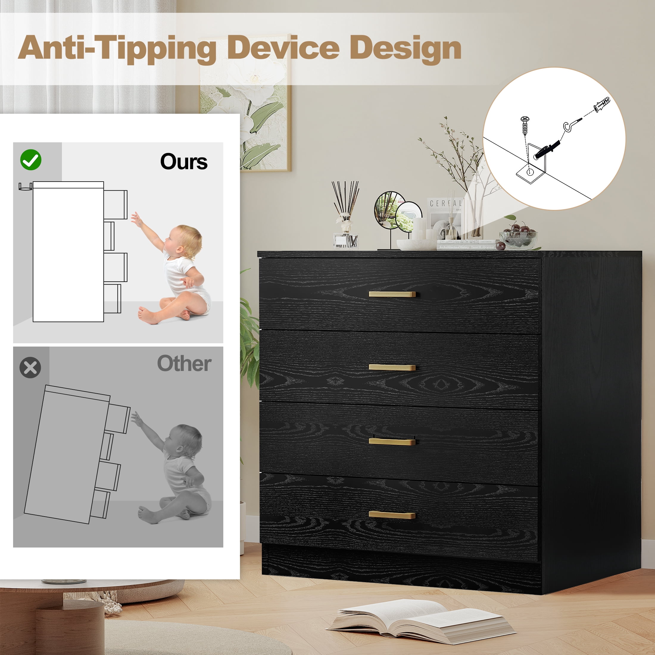 4 Drawers Dresser Bedside Night Stand for Bedroom, Closet, Entryway, Hallway, Black