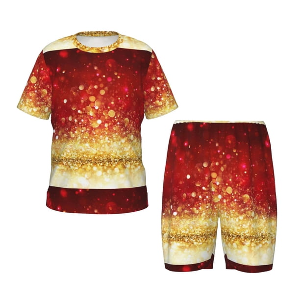 Fotbe Red Gold Glitter Pijama Estampada de 2 Piezas para Niños – Ropa de Dormir de Manga Corta Cómoda para Niños y Niñas, Camiseta y Shorts de Algodón-4X-Large