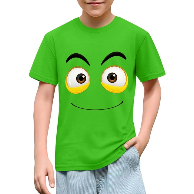 Blusas y camisas de manga corta con cuello redondo para niños y niñas, color liso, con estampado de expresión linda, manga corta, holgadas y cómodas, blusa para niña