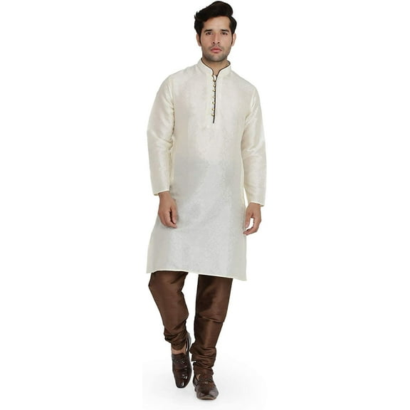 Royal Kurta Mens Printed Art Silk Kurta Pyjama Set Beige 40