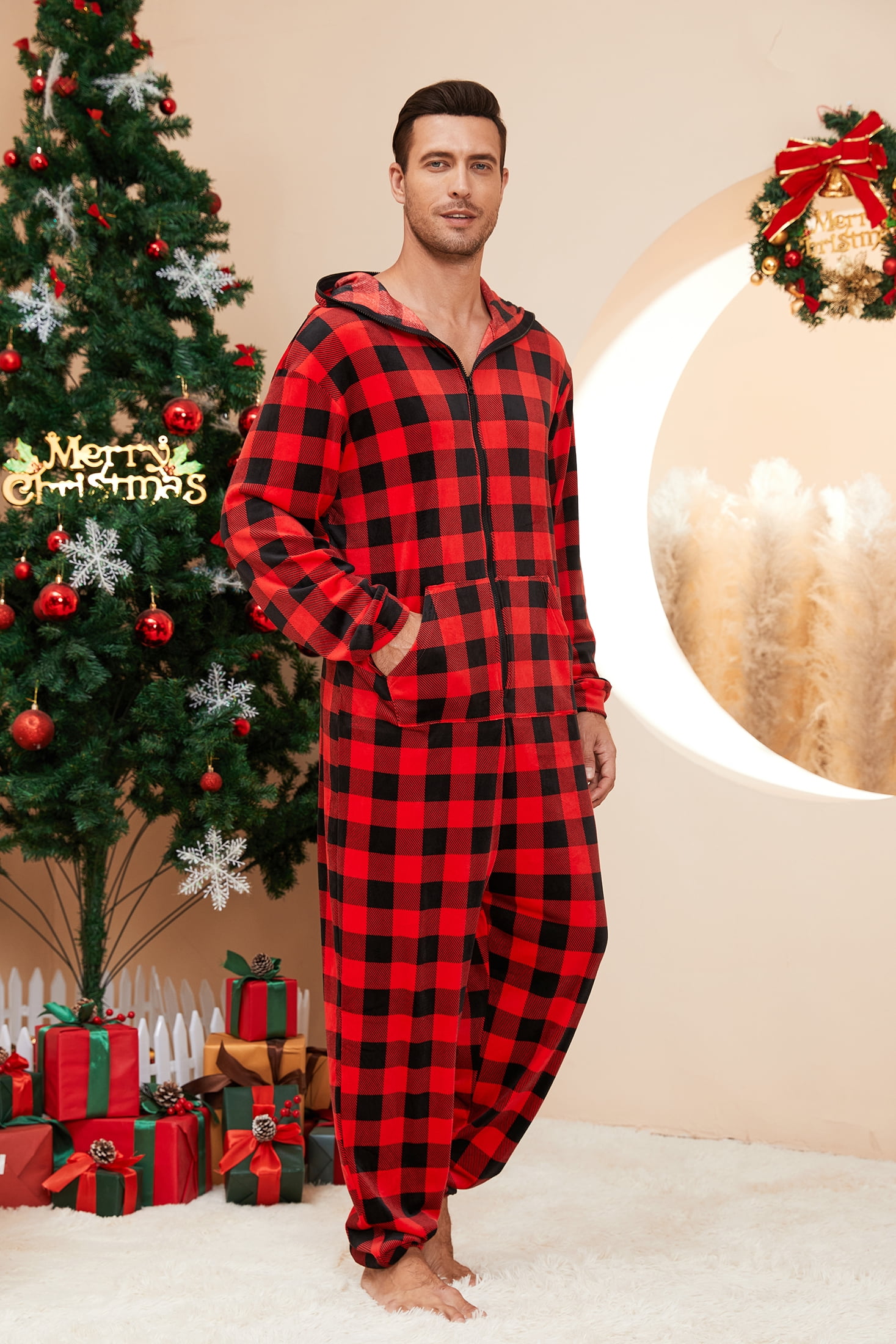 U2SKIIN Pajamas for Men Onesie, Zipper Matching Jumpsuit for Couples Ultra Soft Plaid Hooded Pjs Set,(Buffalo Plaid-Red,S)
