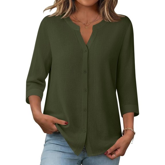 Perfectbot Women's Collarless Button Down Shirt, 3/4 Sleeve Cotton Linen Tunic Blouse with Curved Hem
