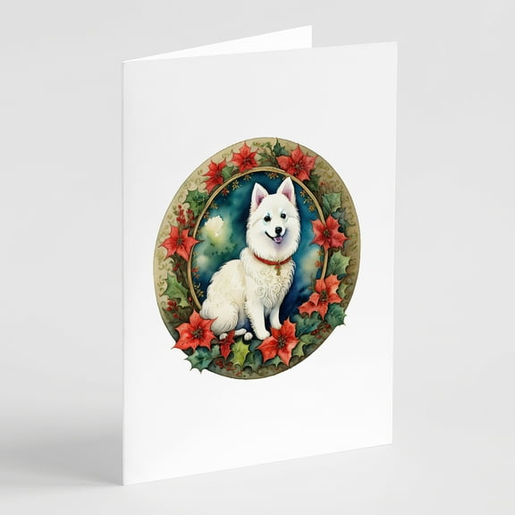Japanese Spitz Christmas Flowers Greeting Cards Pack of 8 7 in x 5 in