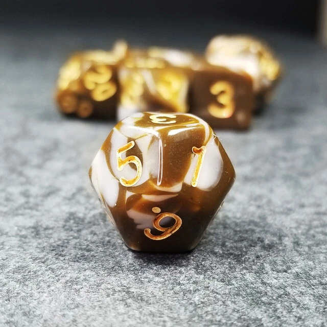 Sage'S Stones - Coffee/White Gold Ink Acrylic Polyhedral Dice Set Games Dnd