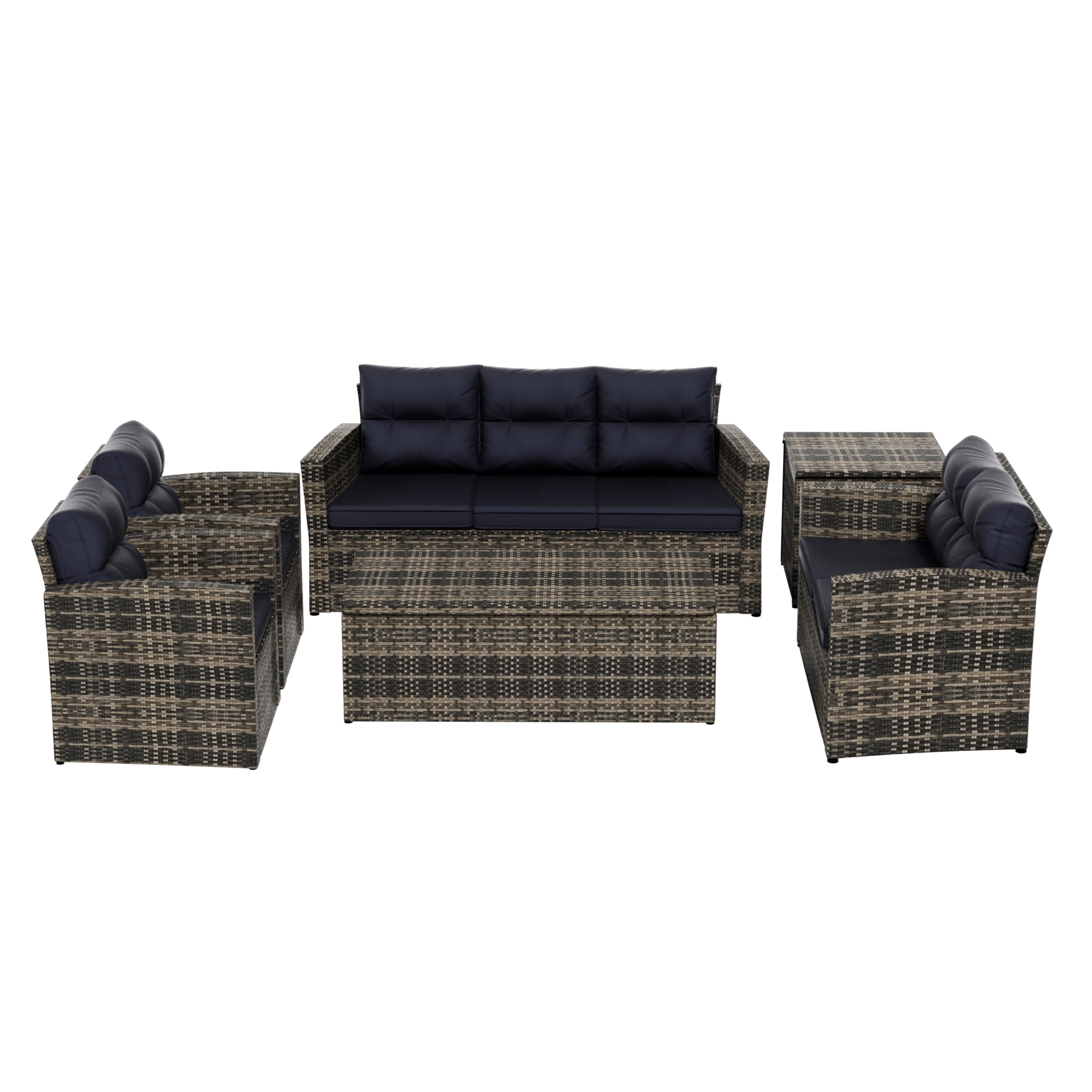 Westin Outdoor 6-Pieces Sofa Conversation Set PE Rattan Wicker Furniture, Brown/Navy Blue