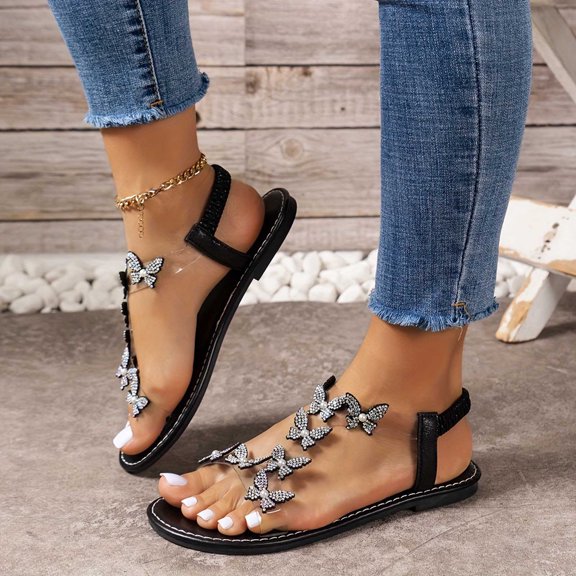 Women's Summer New Large Size Rhinestone Flat Transparent One-line Strap Sandals Summer Sandals for Women Black 41