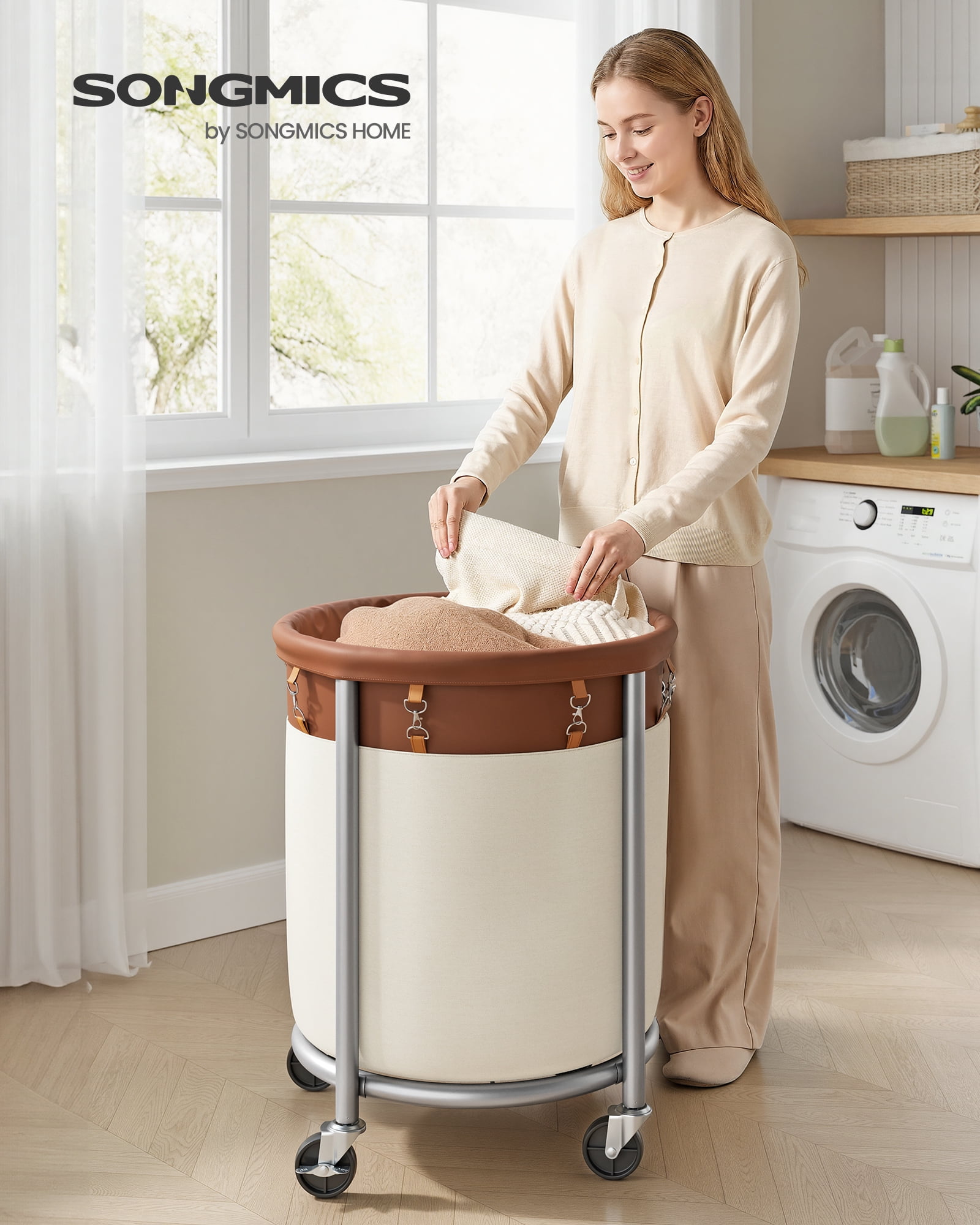SONGMICS 29-Gallon (110 L) Laundry Basket with Wheels, Rolling Round Heavy-Duty Laundry Hamper Cart with Removable Bag, Coffee Brown and Cream White