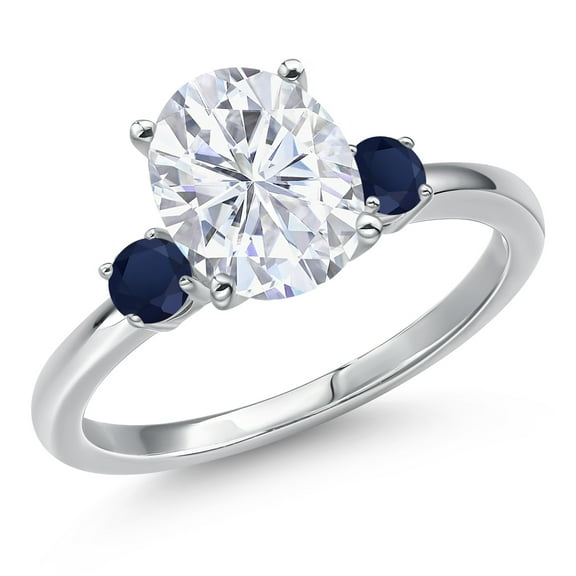 Gem Stone King 14K White Gold White Moissanite and Blue Sapphire Engagement Ring for Women | 3.30 Cttw | Oval 10X8MM | Gemstone Birthstone | Size 5
