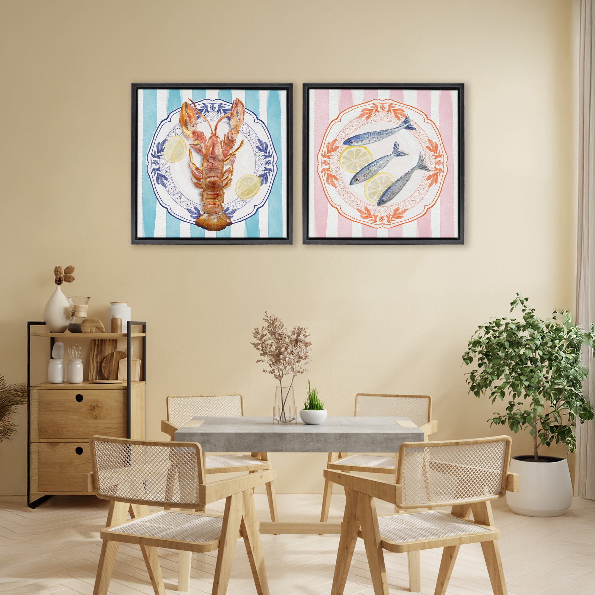 Stupell Industries Lobster & Sardines Plates 2 Piece Black Framed Floater Canvas Set, design by Christie Adams