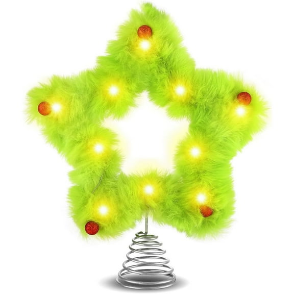 Christmas Tree Topper Green Star with Red Ball Treetop Christmas Tree Decorations 9.84 Inch Star Treetop with LED Light Xmas Decorations Holiday Ornaments