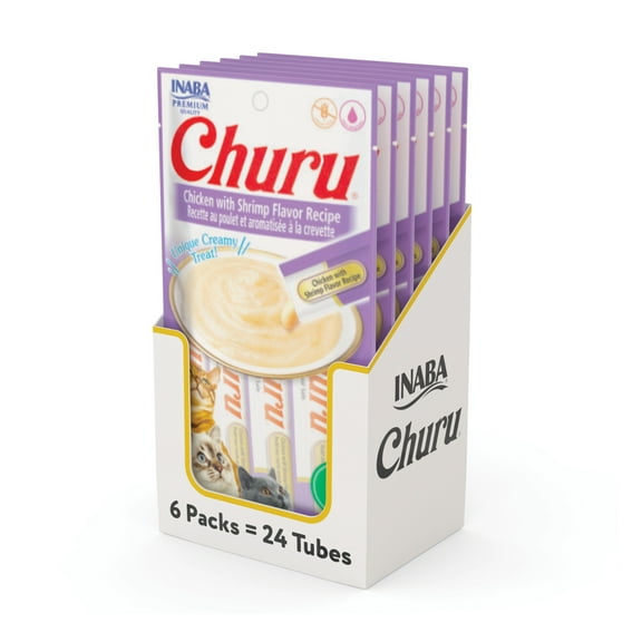 Inaba Churu Creamy, Lickable Purée Cat Treat w Taurine, 0.5 oz, 24 Tubes, Chicken with Shrimp Recipe