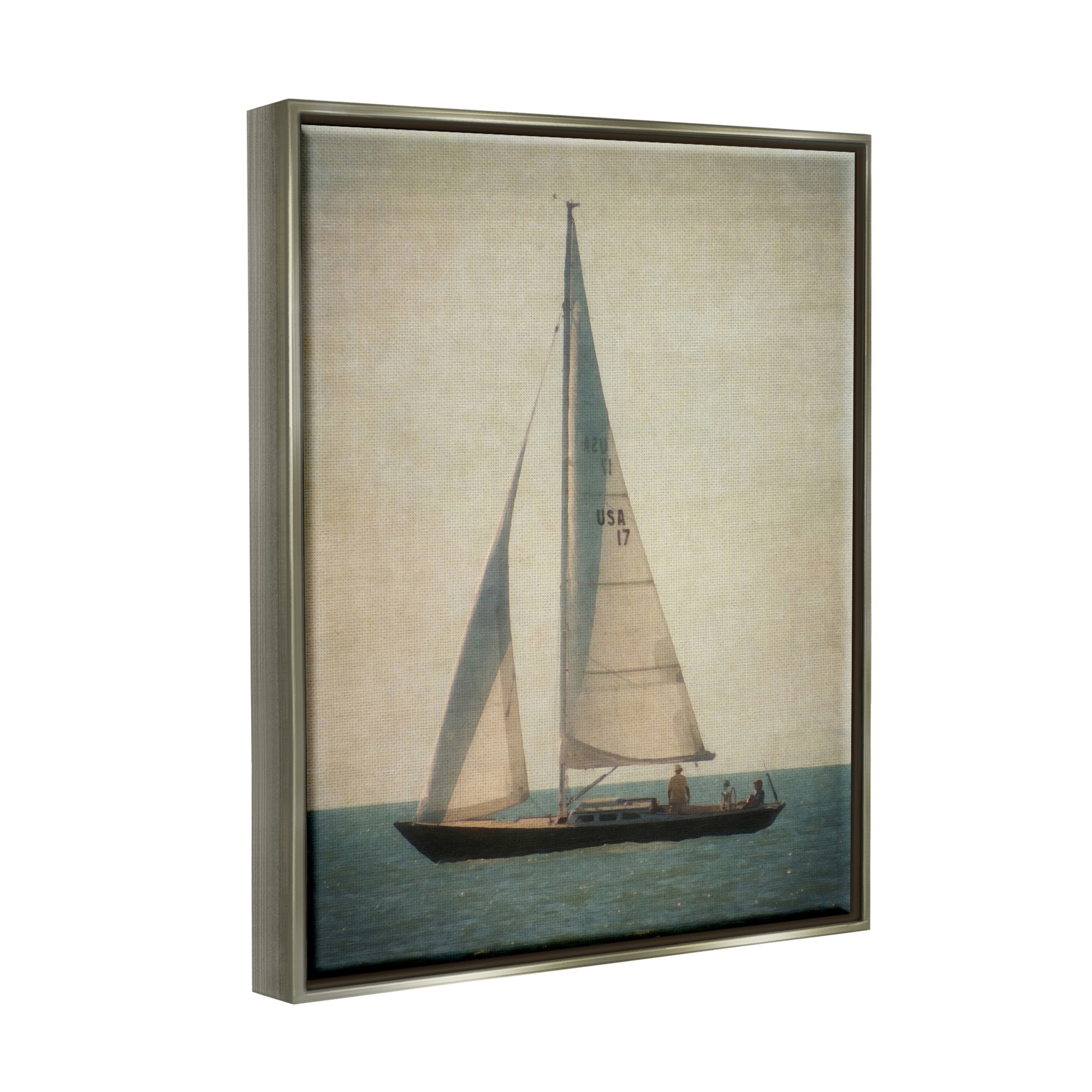 Stupell Industries Lone Sailboat People Relaxing Quiet Ocean Landscape Painting Luster Gray Floating Framed Canvas Print Wall Art, Design by Graffitee Studios