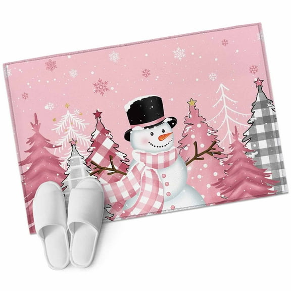 Pink Snowman Christmas Bathroom Mat 2x3 FT, Non Slip Small Kitchen Mat, Winter Snowflake Xmas Tree Pink Grey Plaid Washable Soft Backed Front Door Throw Rug Indoor Outdoor Doormat for Entryway Sink