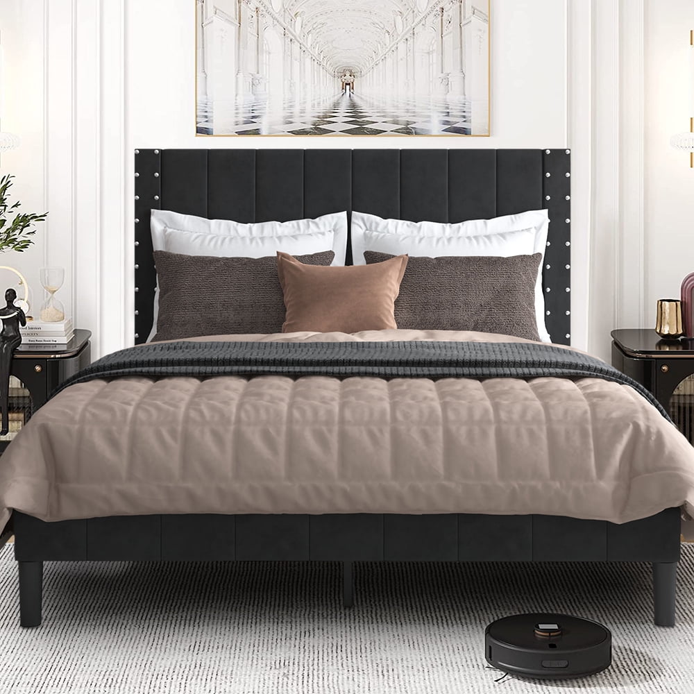 Sesslife Black Platform Bed Frame, Queen Upholstered Bed Frame with ...