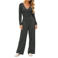 thumbnail image 3 of Women's 2 Piece Lounge Sets Solid Casual Wide Leg Pants Long Sleeve V Neck Top Workout Gym Clothing Comfy, 3 of 7
