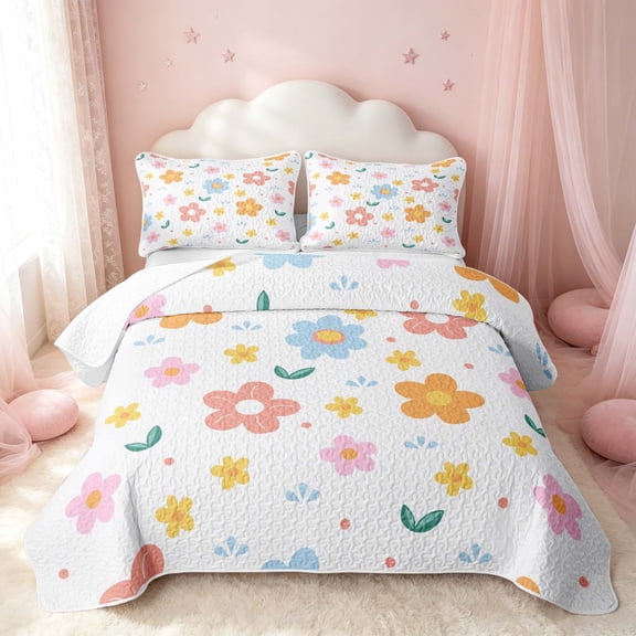 Erosebridal Cute Flower Twin Quilt Set, Kawaii Blossom Twin Coverlet Set, Pink Reversible, Pastel Multicolor, 2 Pieces (1 Bedspread and 1 Pillowcase)