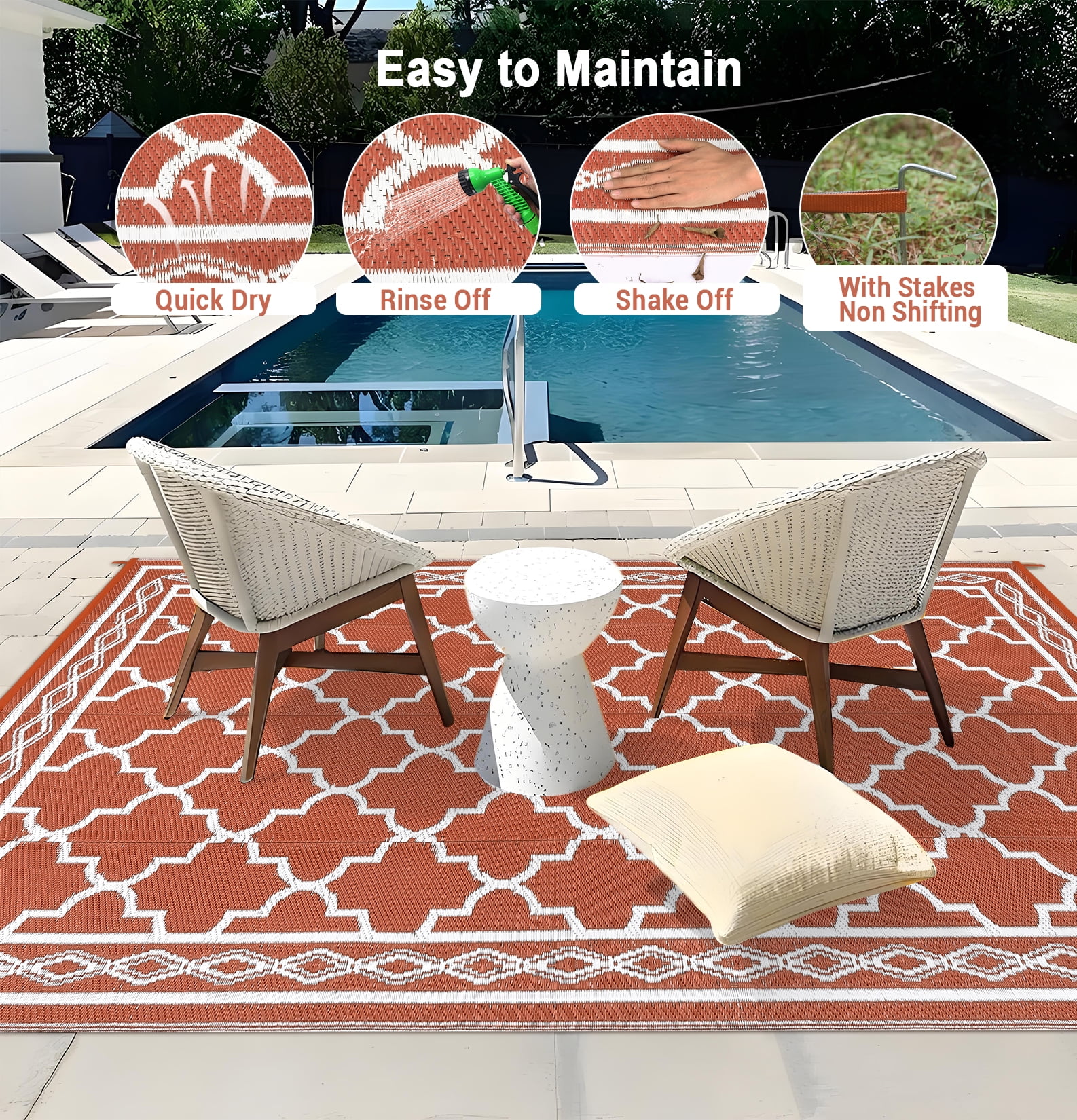 GlowSol 10' x 14' Outdoor Rug Plastic Patio Rug Plastic Straw Waterproof Rug Moroccan Reversible Camper Rug for RV Backyard Deck Picnic Beach, Brick Red