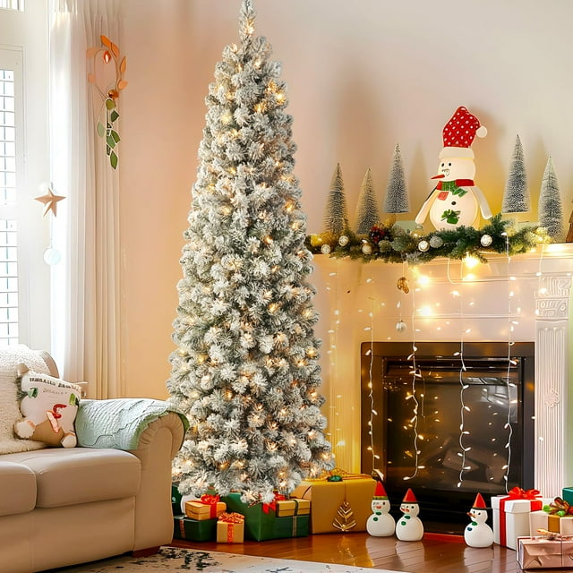 Alupssuc 7.5ft Prelit Snow Flocked Artificial Pencil Slim Christmas Tree with 320 Warm White Lights, 850 Fully Snowed Branch Tips