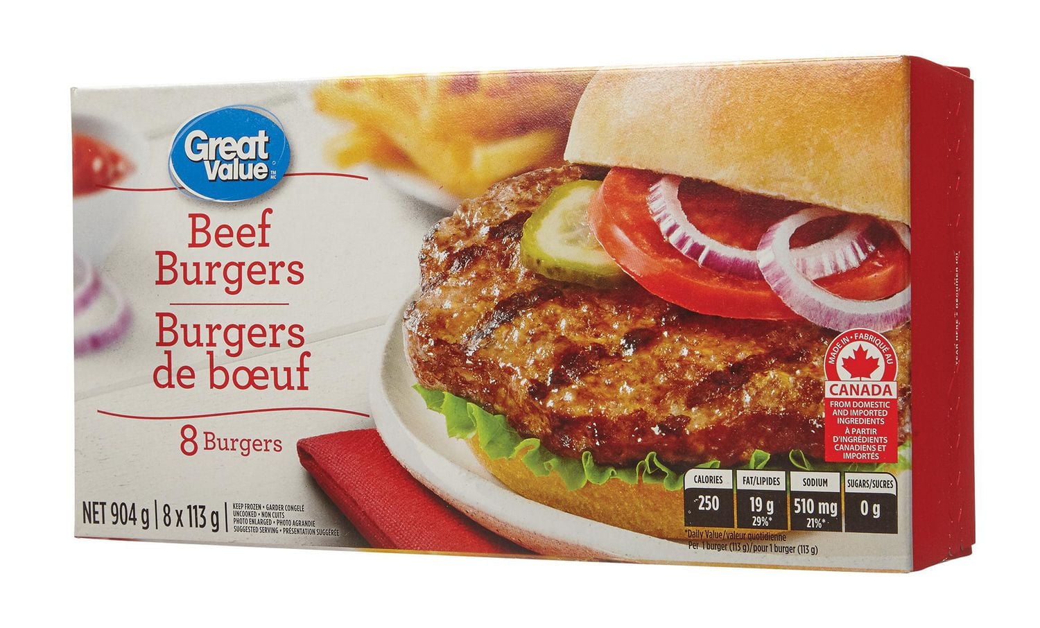 Burgers de bœuf surgelés Great Value 8 x 113 g, 904 g