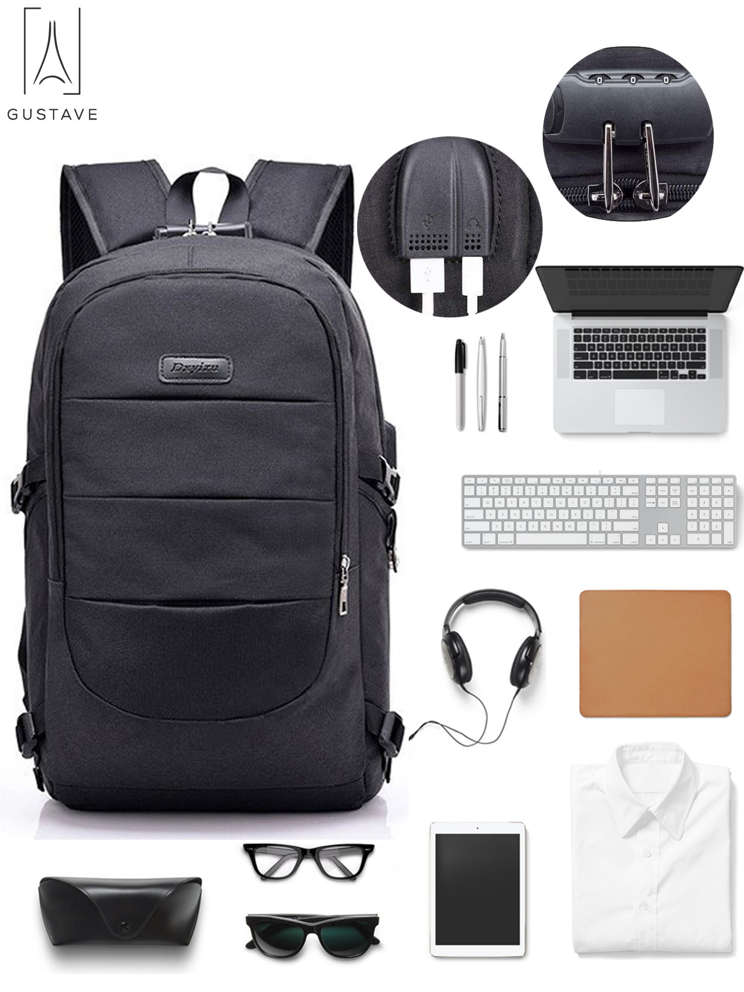 Gustave Laptop Backpack Water Resistant Anti-Theft College Backpack with USB Charging Port and Lock 17Inch Compurter Backpacks for Women Men, Casual Hiking Travel Daypack "Black"