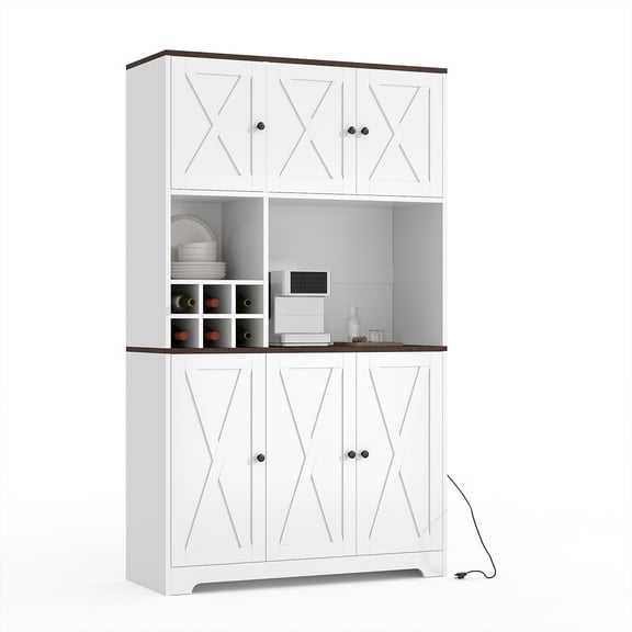 71 Inch Tall White Kitchen Pantry Cabinet, Modern Farmhouse Kitchen Hutch Storage Cabinet with Wine Rack, Freestanding Coffee Bar Station with Storage for Dining Room, Living Room