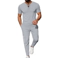 thumbnail image 6 of BLTIBY Men's Summer Sets 2 Piece Outfits Waffle Crewneck V Neck Fitted Lace Up Short Sleeve T-Shirt & Drawstring Cargo Pants Casual Stylish Matching Set with Pockets Gray XL, 6 of 8