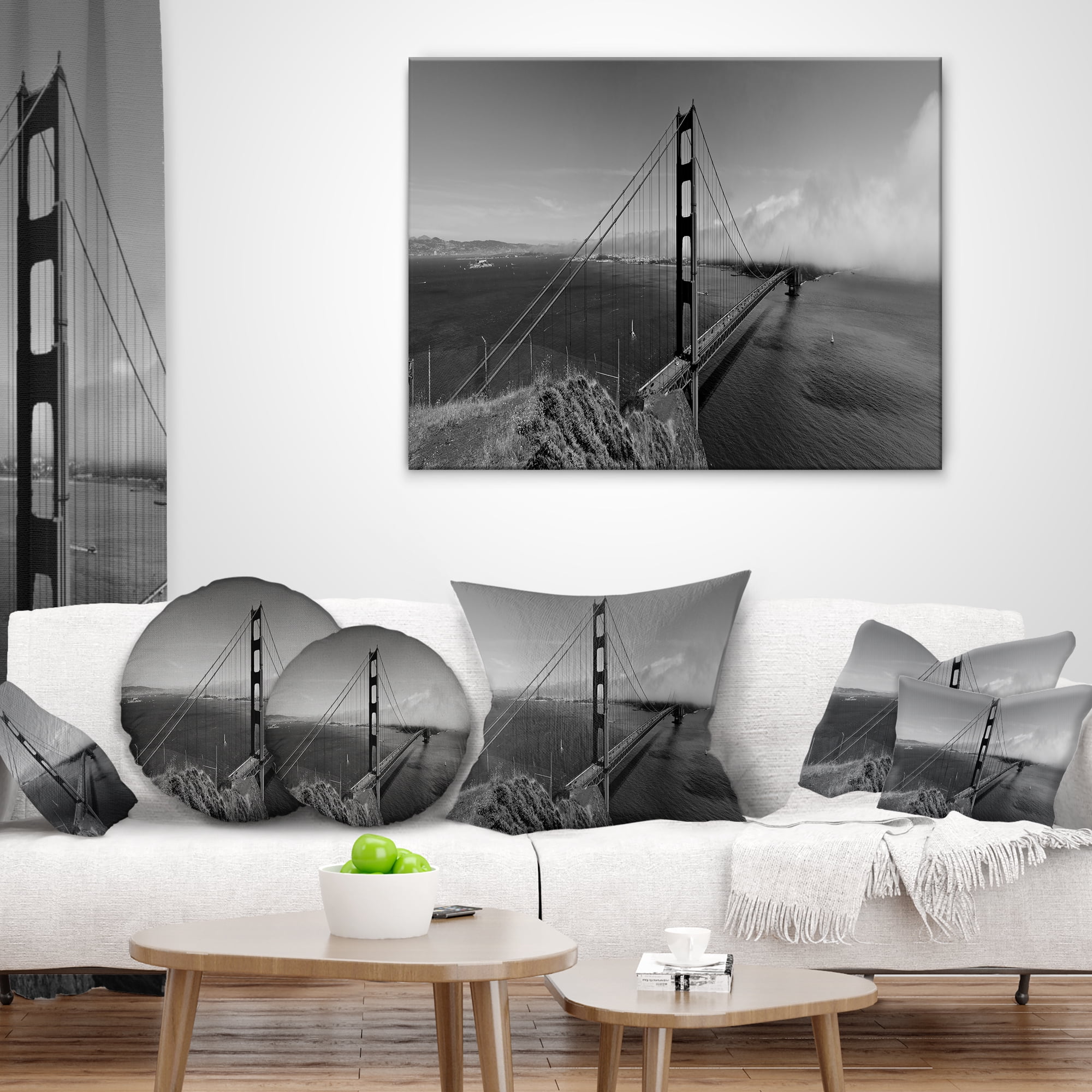 Designart Golden Gate Bridge in Gray Panorama - Sea Bridge Throw Pillow - 16x16