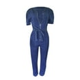thumbnail image 4 of Lisingtool Overalls Women Denim Women's Slim Denim Long Jumpsuit Deep V Neck Denim Puff Sleeves Belted Tapered Jumpsuits for Women Dressy Blue, 4 of 8