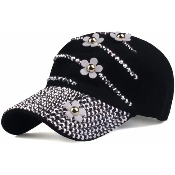 Women Bling Baseball Cap with Flower, Vintage Adjustable Low-Profile Dad Hat Sport Strapback Caps for Ladies