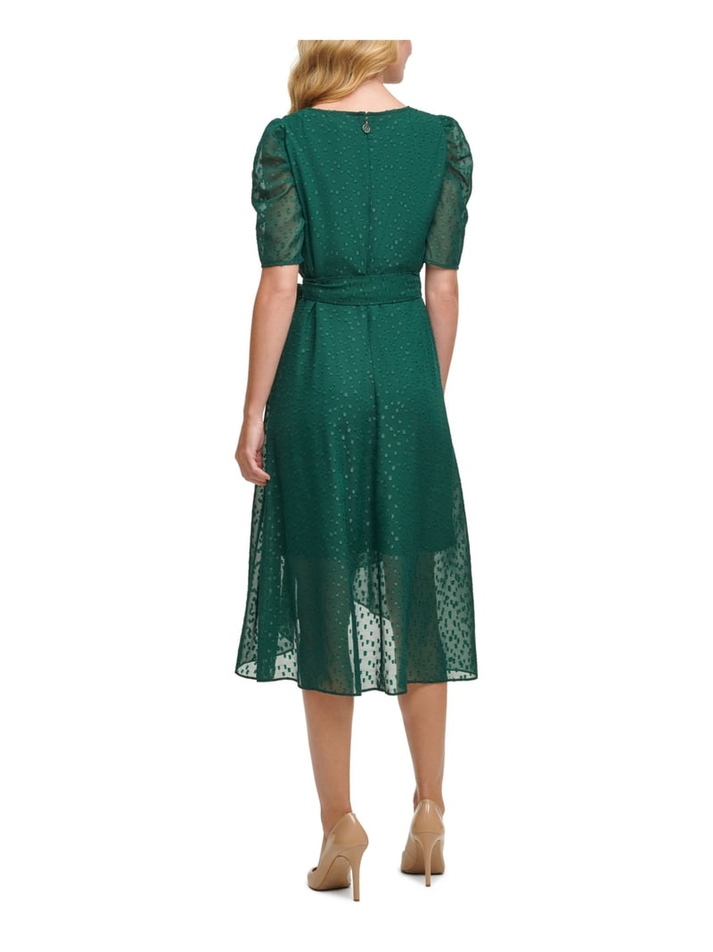 TOMMY HILFIGER Womens Green Tie Zippered Glitter-dot Pouf Sleeve Surplice  Neckline Midi Party Fit + Flare Dress 8 - Walmart.com