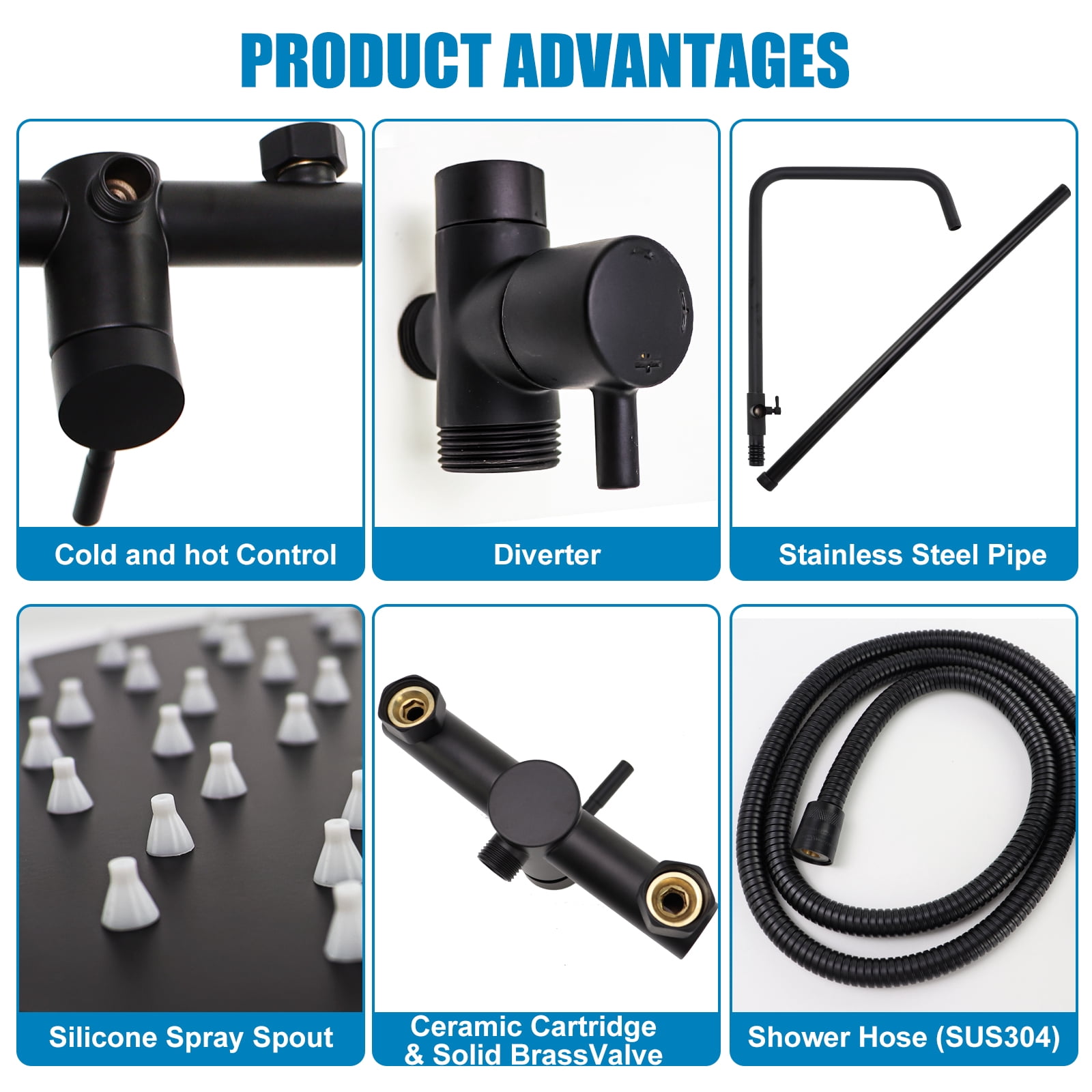 iMeshbean Black Shower Faucet Set 8" Rainfall Shower Head Combo System w/ Mixer Valve Kit