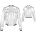 thumbnail image 3 of Aislor Kids Girls Metallic Zippered Flight Jacket Long Sleeve Striped Casual Active Coat Size 6-16 Silver 6, 3 of 7