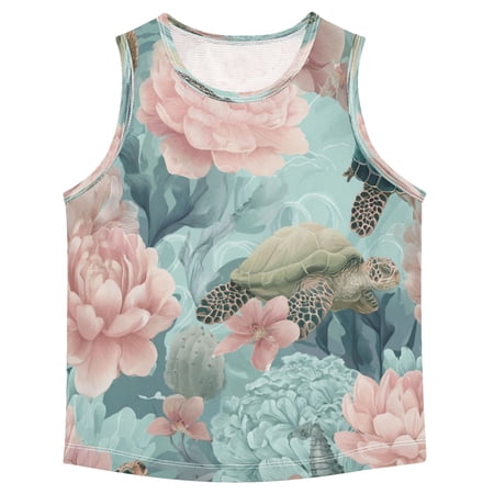 Boys Athletic Quick Dry Tank Tops Boys Sleeveless T-Shirts Kids Running Vest Turtles with Pink Flowers 9-10T