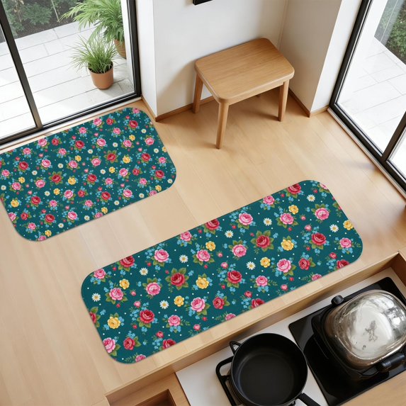 Pioneer Flower Floral Print Pattern Kitchen Mat Set Of 2,Anti-Fatigue Floor Mats, Non-Slip Standing Mats for Kitchen, 47x17 and 30x17 Inches