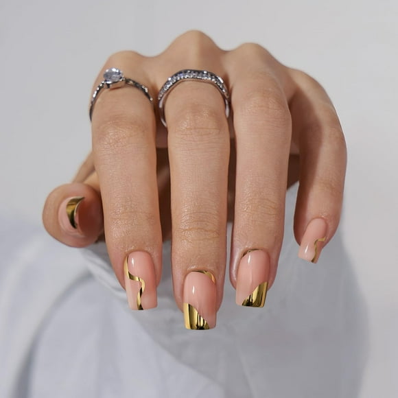 Set de uñas BtartBox Short Square Gold Winter 30 de Press On Nails