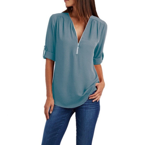 Vista - Women's Fashion Oversize Chiffon T Shirt Zipper Design V Neck ...