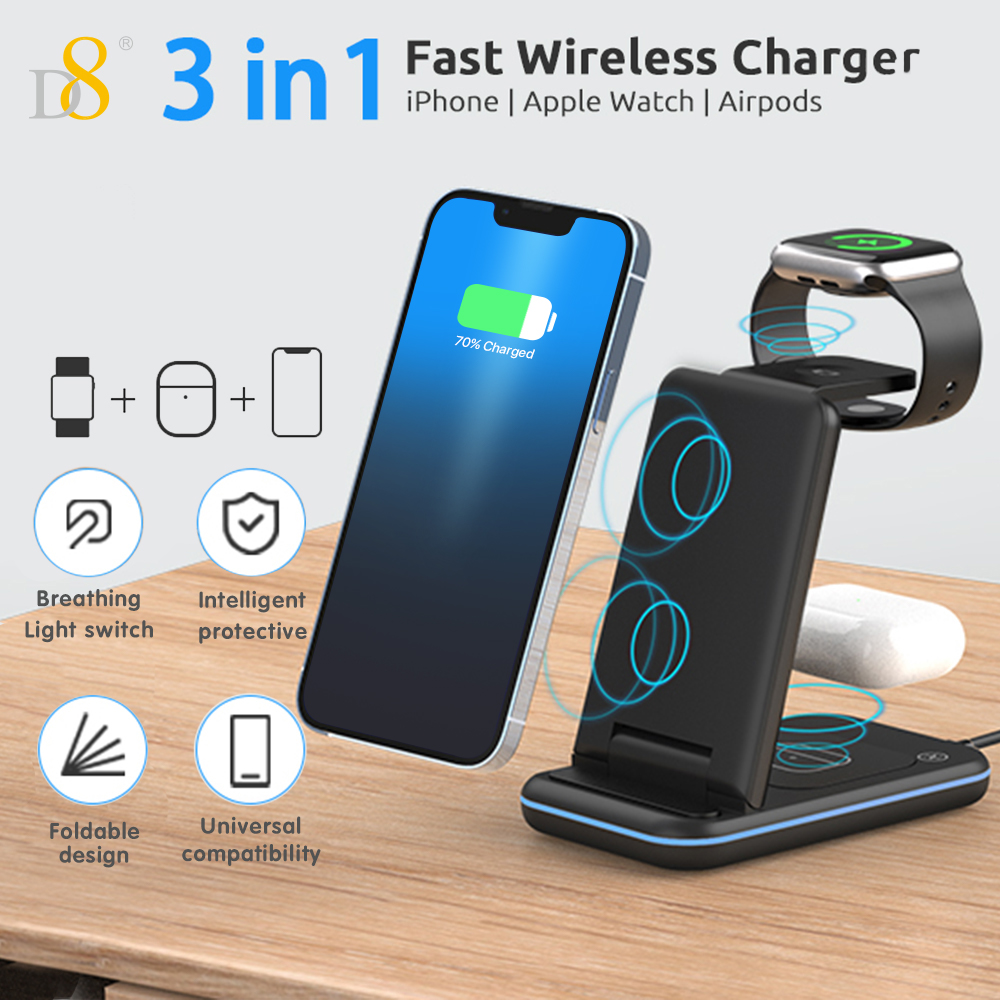 D8 Wireless Charging Station,3 In 1 Wireless Charging Stand Made Compatible With Apple Watch Ultra 9 8 7 6 SE 5 4 3,Fast Wireless Charger Made Compatible With IPhone 15/Plus/Pro Max/14/13/12/11/X