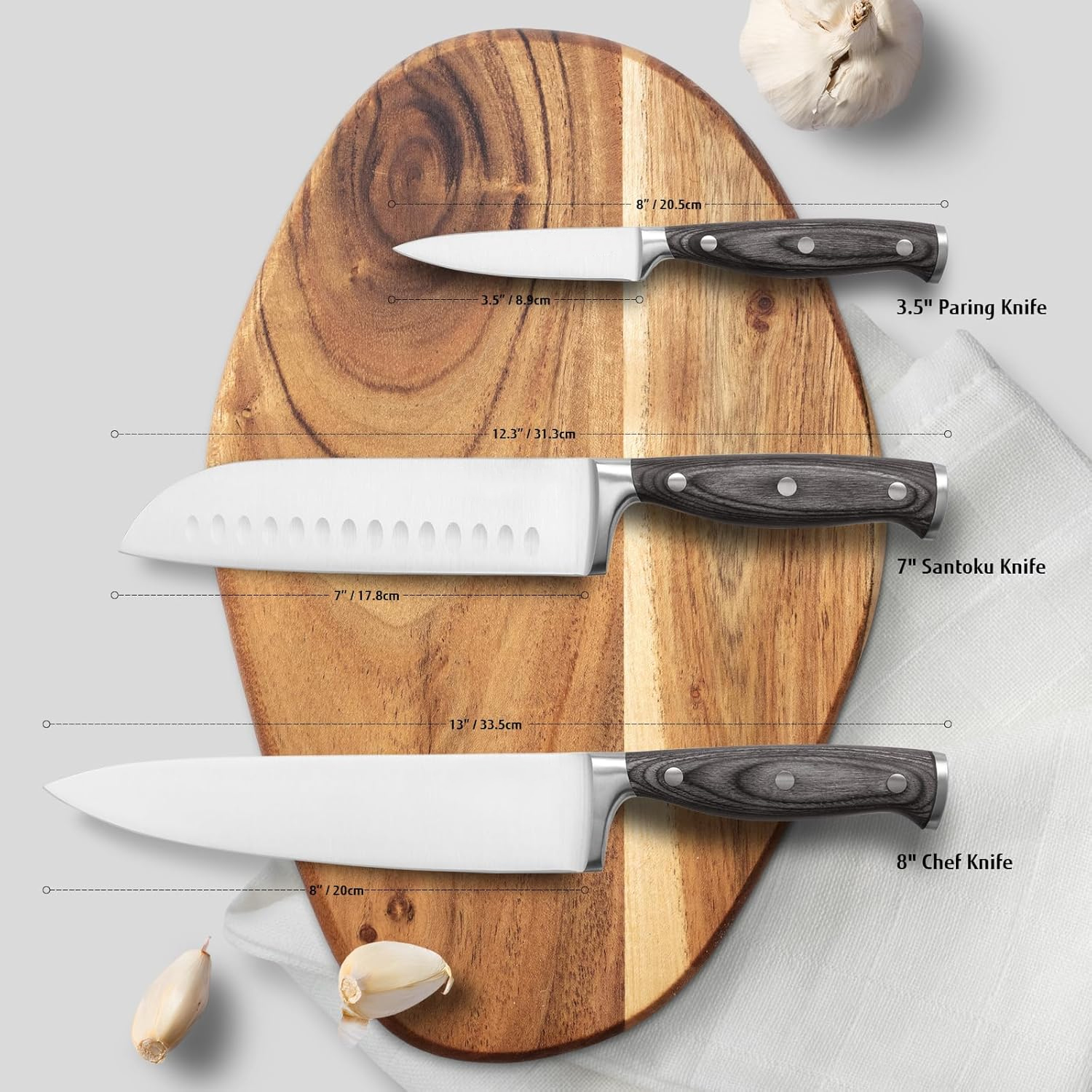 Hecef 3-Piece Knife Set, German Stainless Steel Ultra Sharp Chef, Santoku, Paring Knife with Gift Box