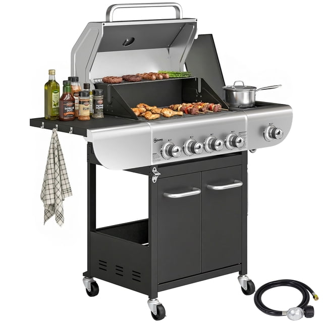 Outsunny 4 Burner Propane Gas Grill with Side Burner, 53,000 BTU BBQ Grill