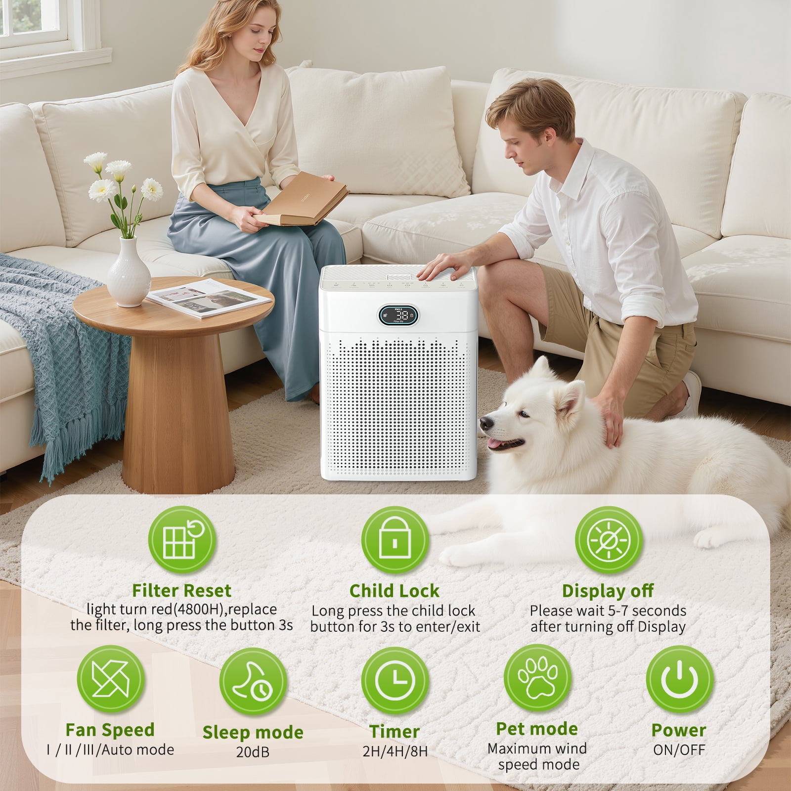 Air Purifiers for Home Up to 2200 Ft², HEPA Air Purifier with Washable Pre-filter, Fan Mode, Pet Mode, PM 2.5 Air Quality Monitor, for Pets Hair, Dust, Pollen, Smoke(PR3)