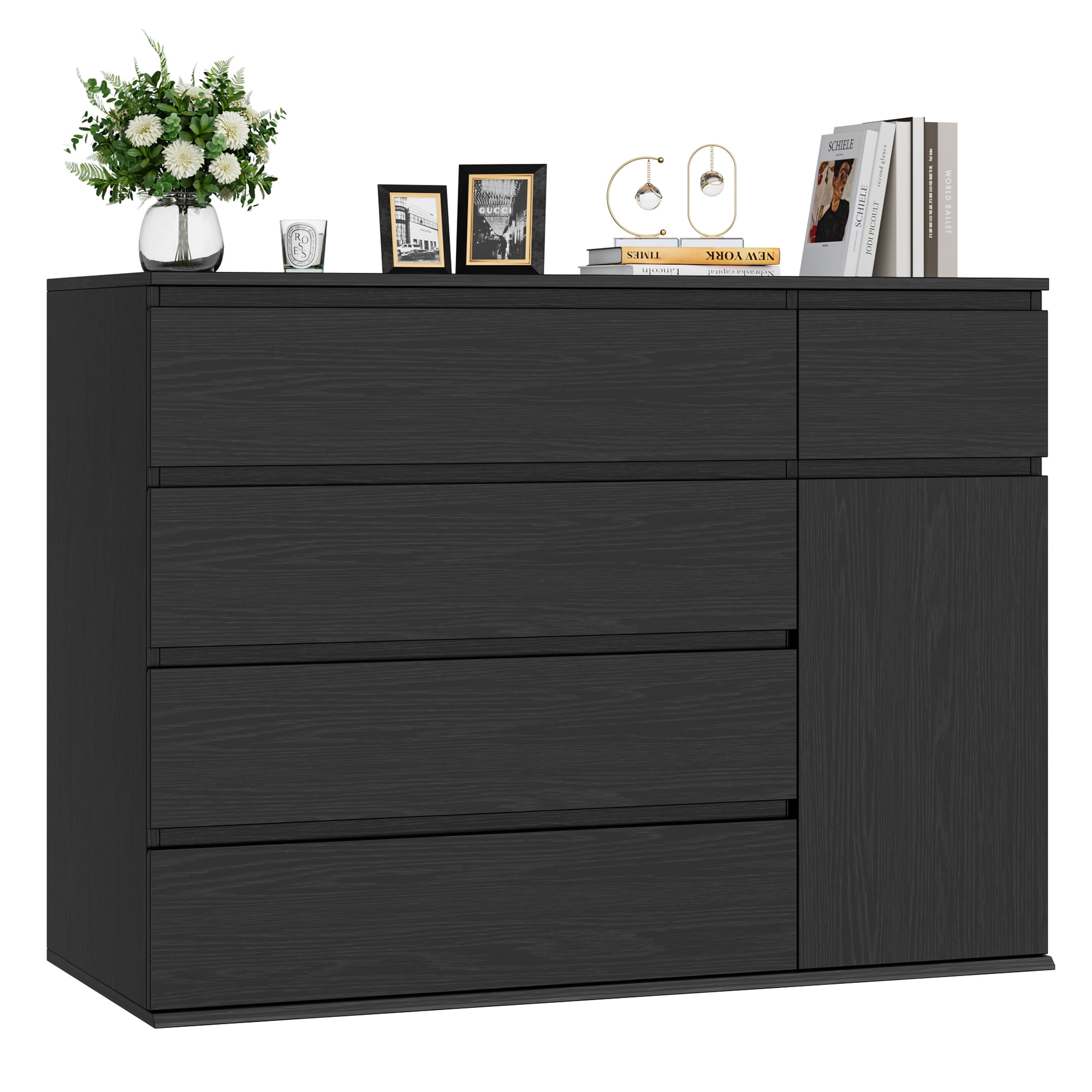Homfa 5 Drawer Dresser with Door, Modern Accent Storage Cabinet Chest of Drawers for Bedroom Living Room, Black