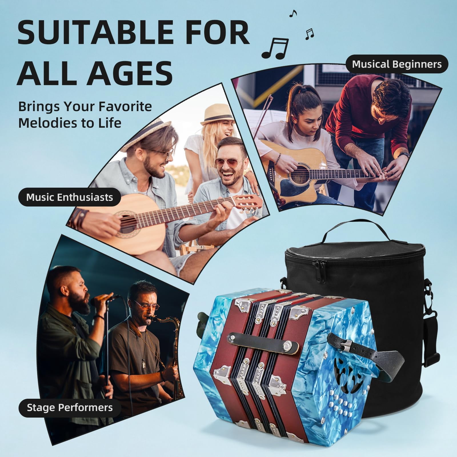 Rowadtim 20-Key Sky Blue Concertina Accordion for Adults, Professional Beginner Instrument with Adjustable Hand Straps and Full Accessories