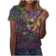 thumbnail image 2 of LEKWK Womens Graphic T Shirts Purple Gold Masquerade Masks Crew Neck 3/4 Sleeve Mardi Gras Shirt Beads Feather Print Carnival Party Blouse, 2 of 6
