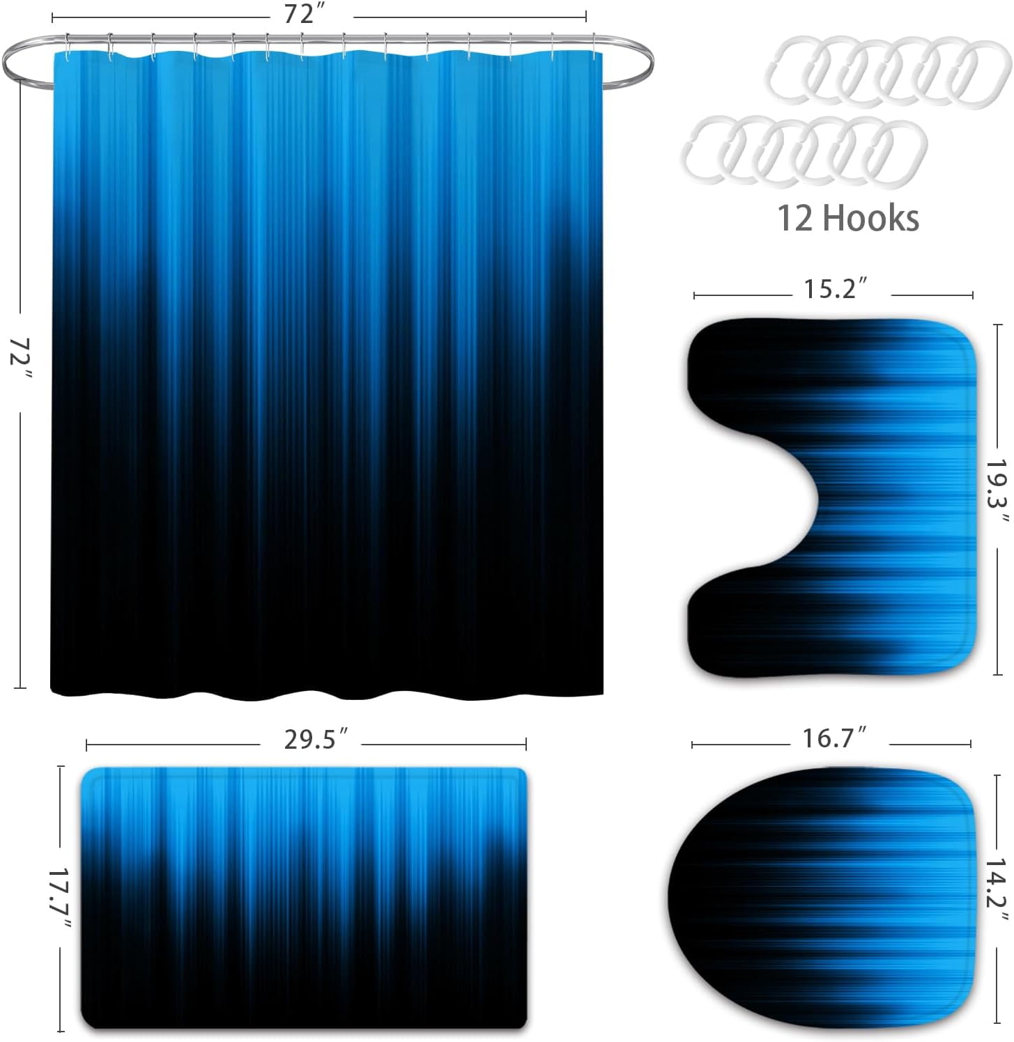 4 Pcs Teal and Black Shower Curtain Bathroom Set with Rugs, Toilet Lid Cover and Bath Mat, Gradient Teal Shower Curtain with 12 Hooks, Bathroom Decor Set