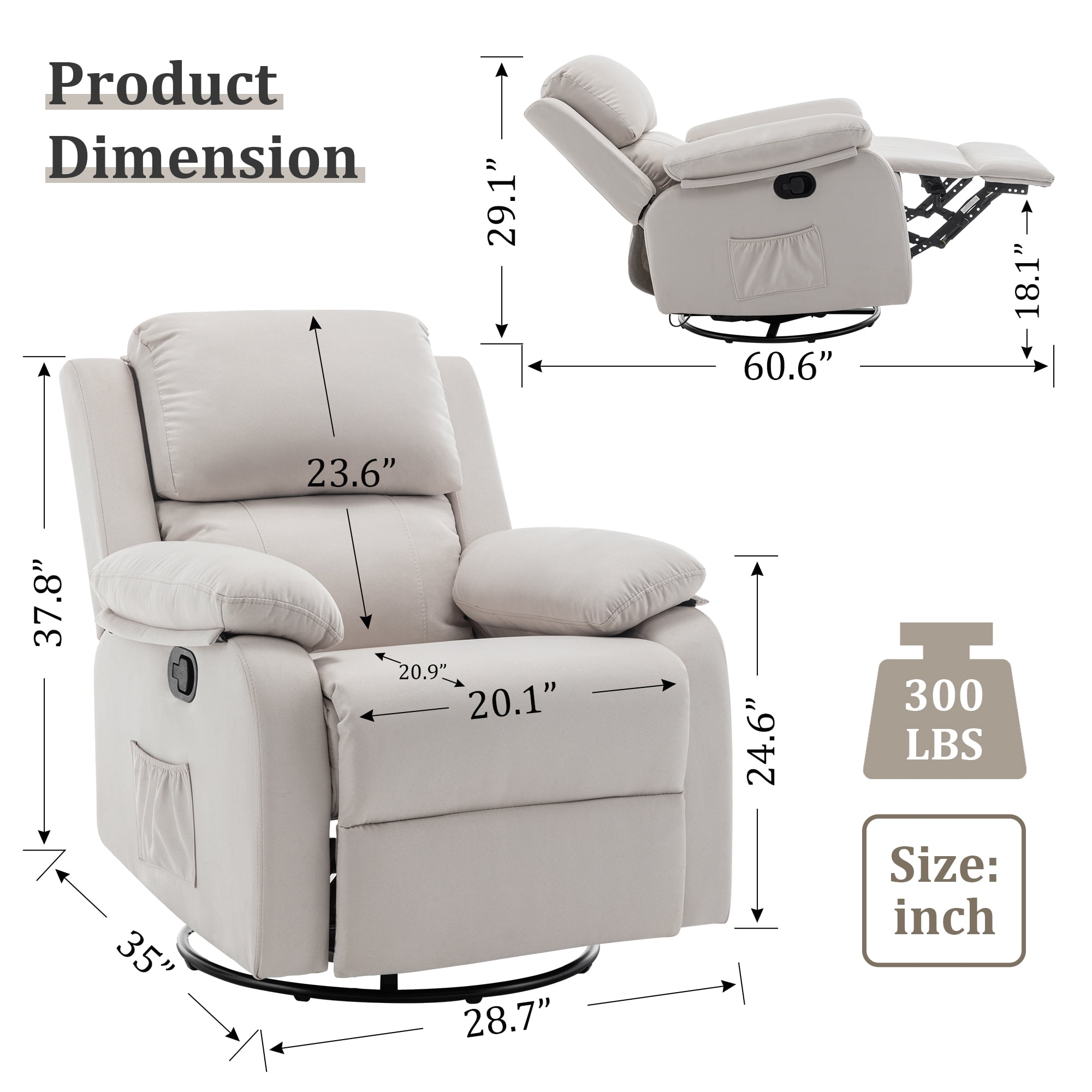 Korser Swivel Rocker Small Recliner Chair for Small Spaces for Living Room,Nursery,Beige